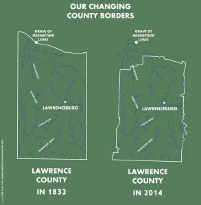 At left is a reproduction of Lawrence County's boundaries as found in Matthew Rhea's 1832 map of Tennessee. At right is modern Lawrence County, with the Rhea waterways overlaid for comparison. Infographic created by Clint Alley.